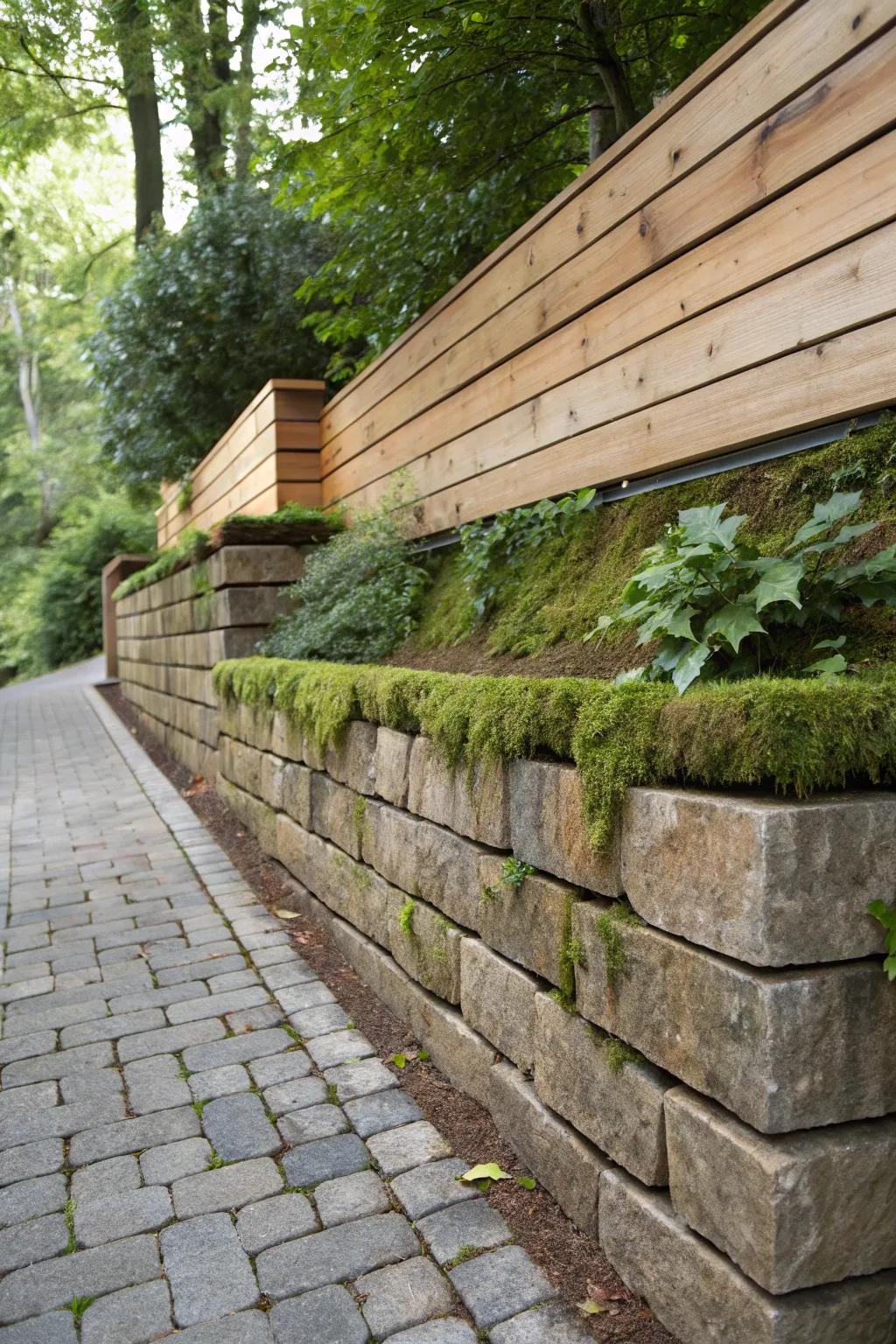Mixed materials create a visually interesting and dynamic wall.