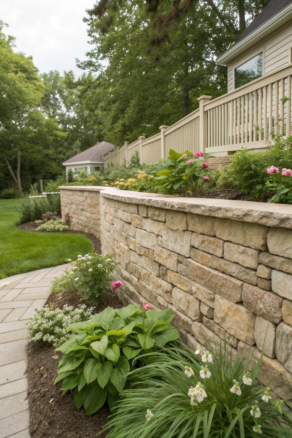 Stone veneer provides a sleek and elegant finish to retaining walls.