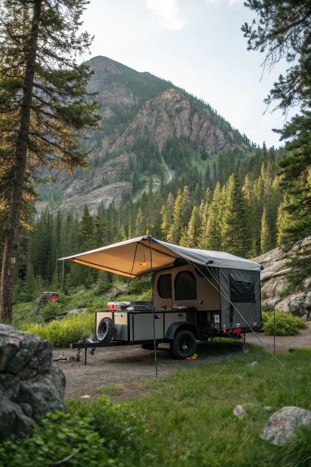 Quick shelter with a portable pop-up tent awning.