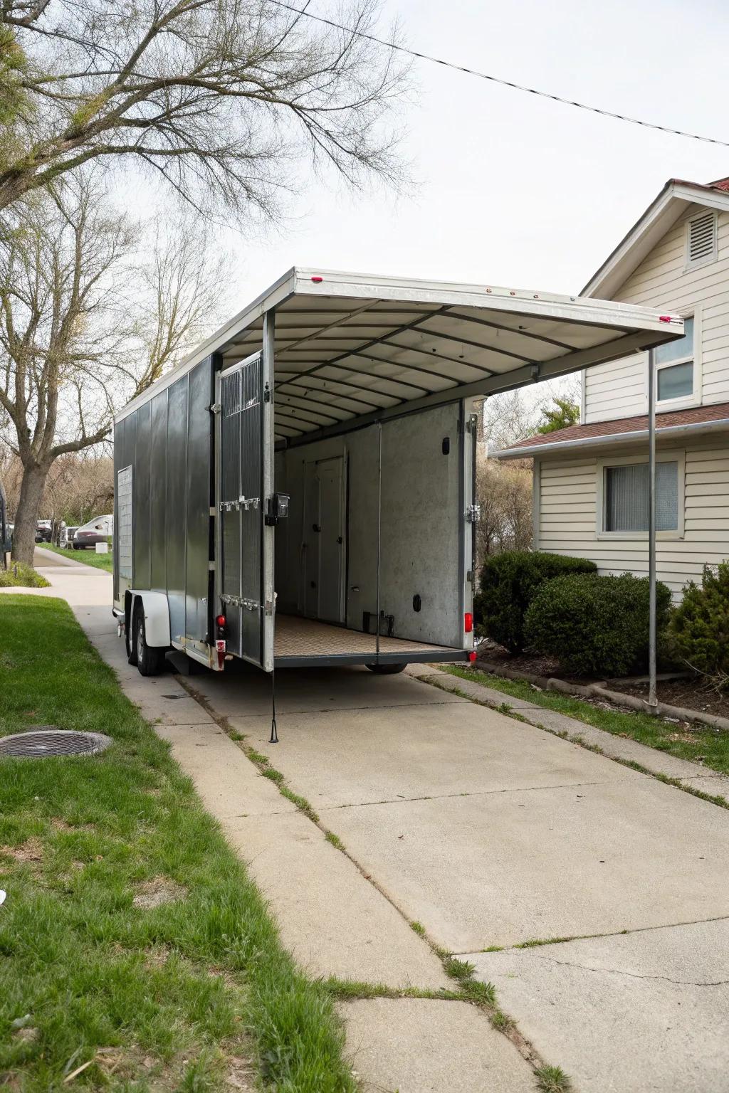 Stay covered with a hinged awning above your trailer’s rear entrance.
