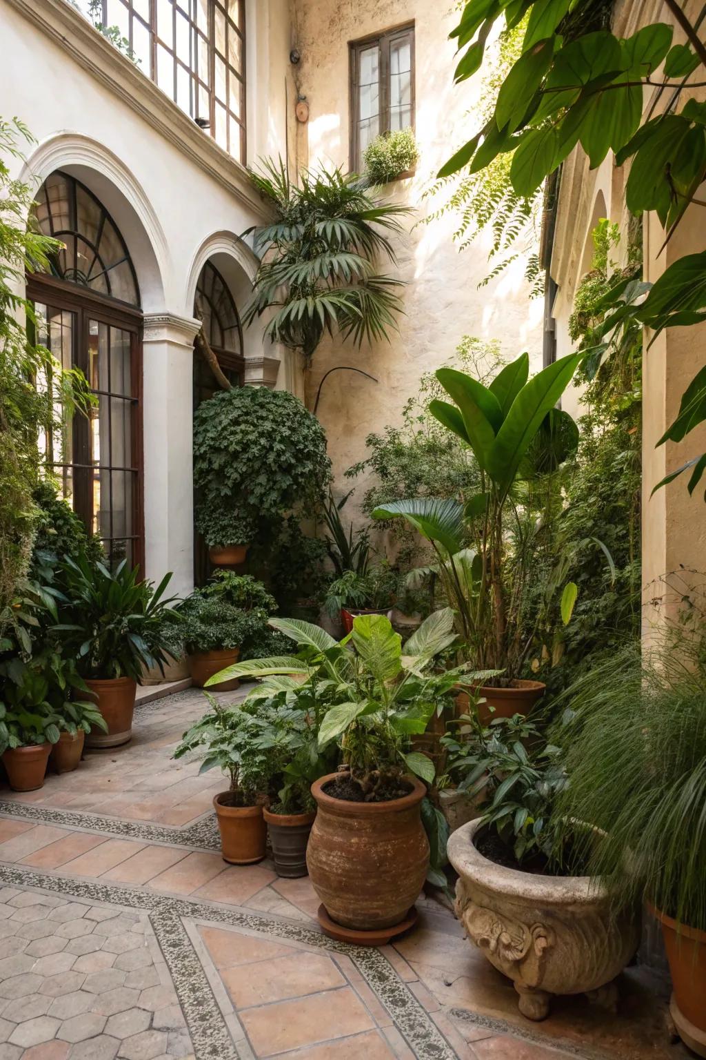 Liven up your atrium with an assortment of budget-friendly potted plants.