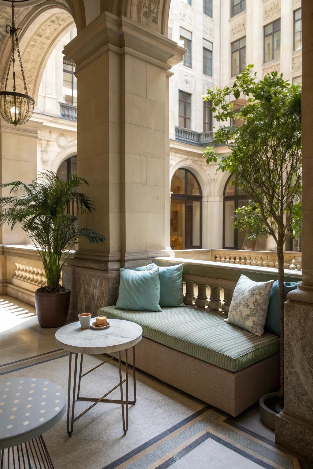 A seating nook provides a perfect spot to relax in your atrium.
