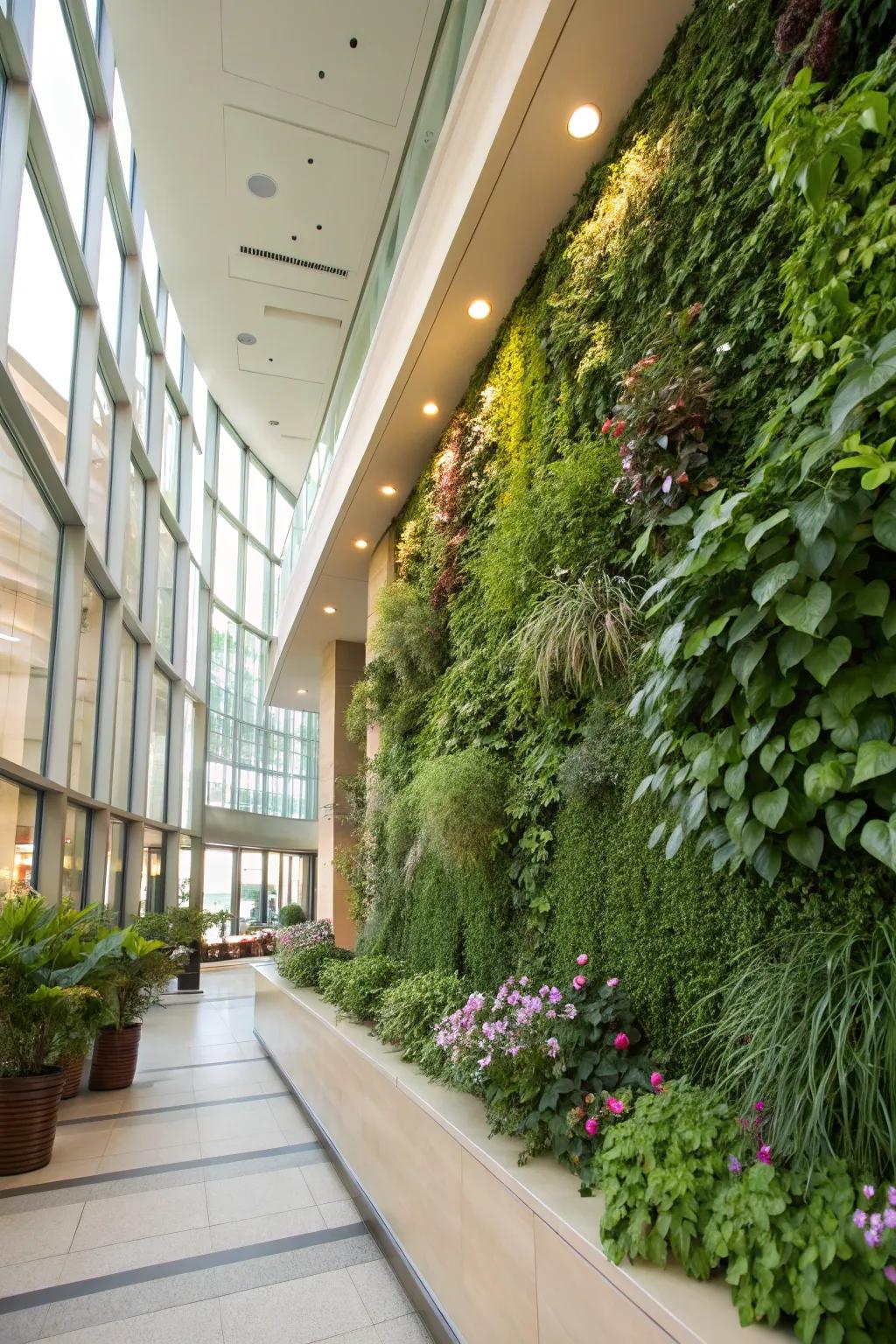 A vertical garden creates a lush, green backdrop without taking up floor space.