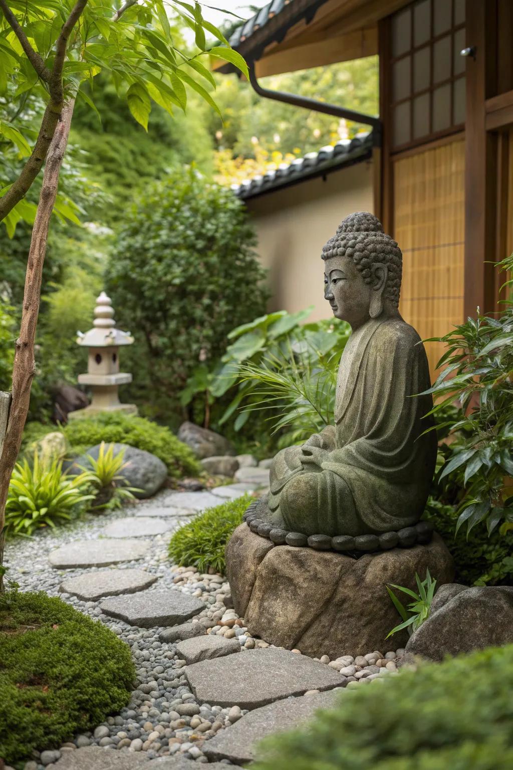 A garden with a stone Buddha statue that exudes peace and tranquility.