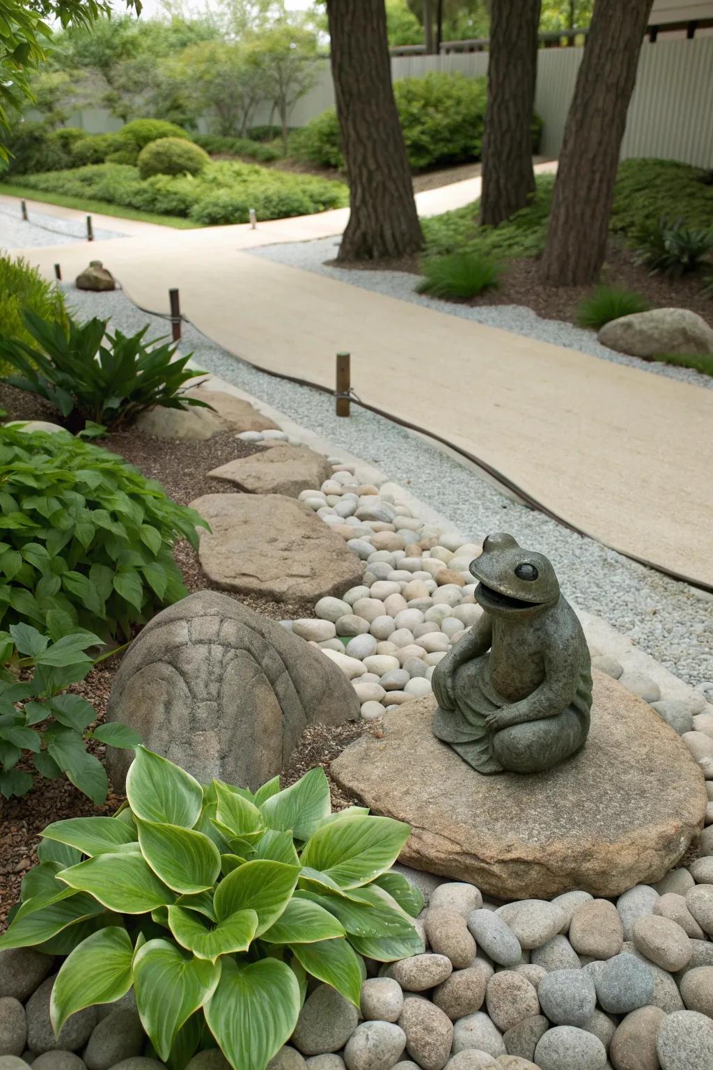 A whimsical frog statue that adds charm and playfulness to the garden.
