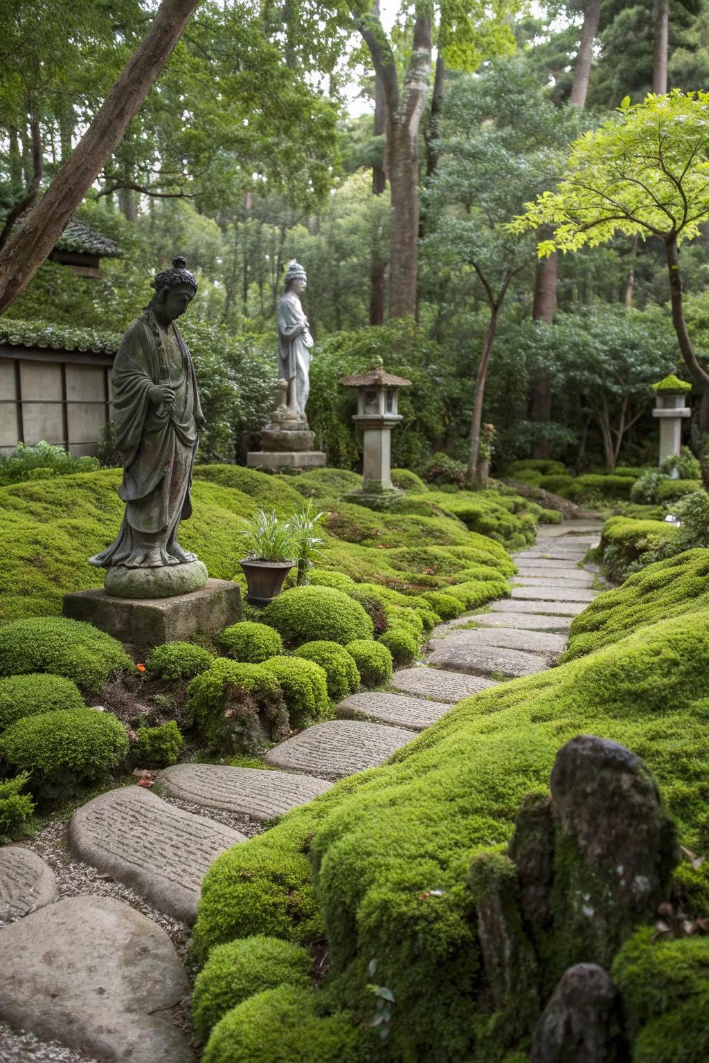 Moss in a garden that adds a timeless and serene quality.