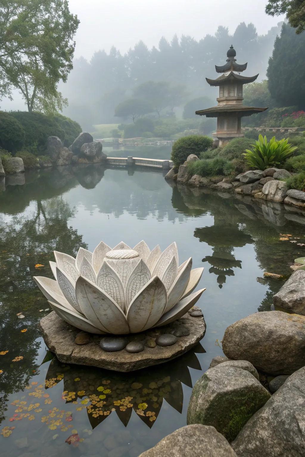A lotus flower sculpture that symbolizes purity and adds serenity to the garden.