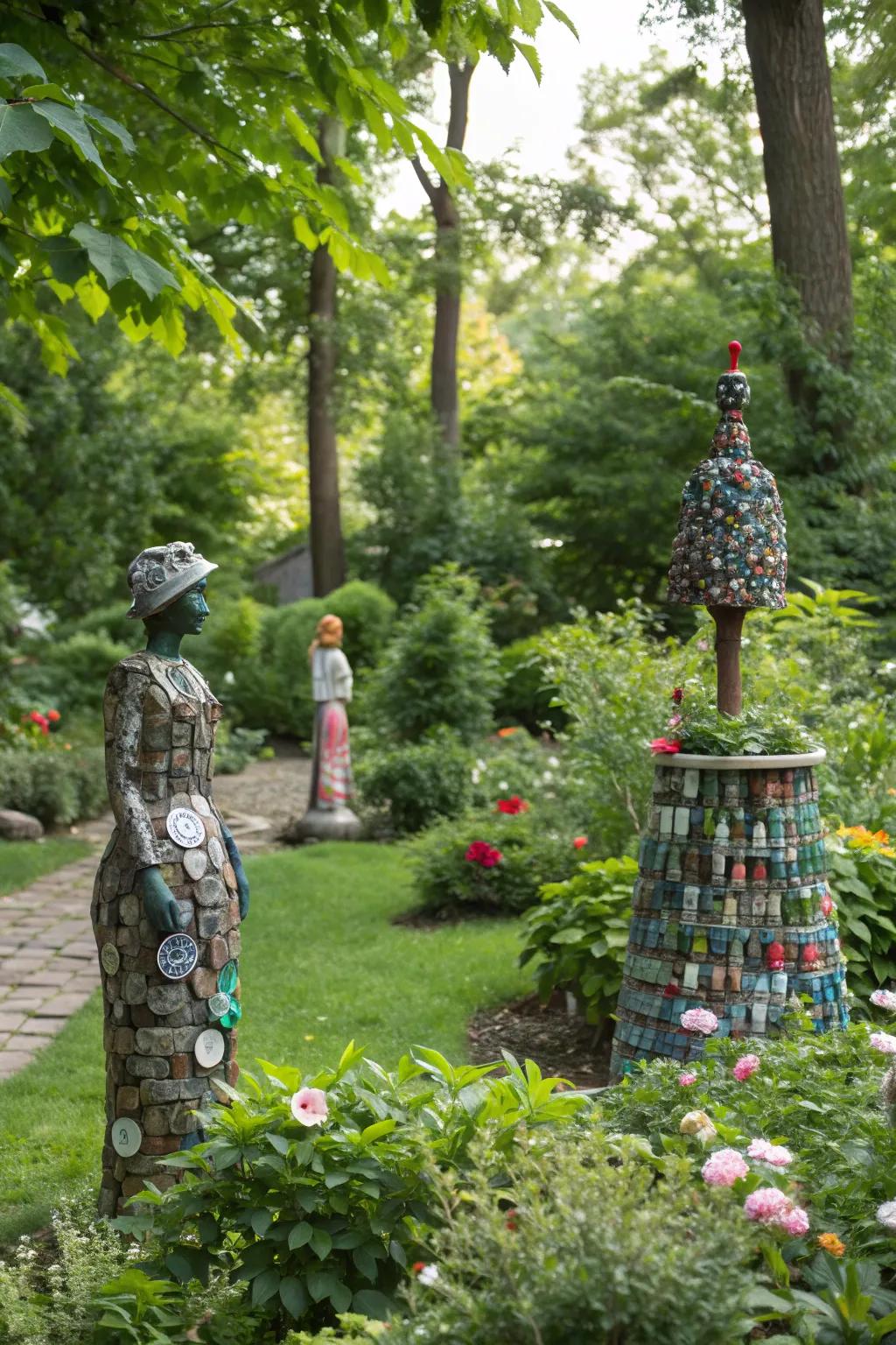 Eco-friendly sculptures in a garden that promote sustainability and style.
