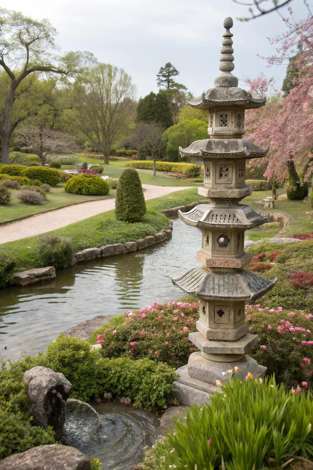 A stone pagoda statue that brings elegance and balance to the garden.