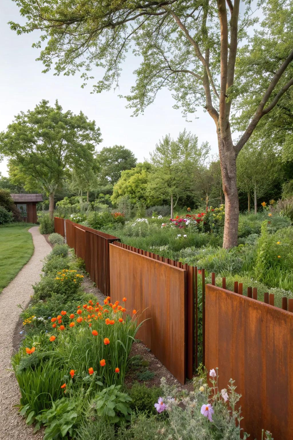 Corten steel fences that add rustic charm and structure to the garden.
