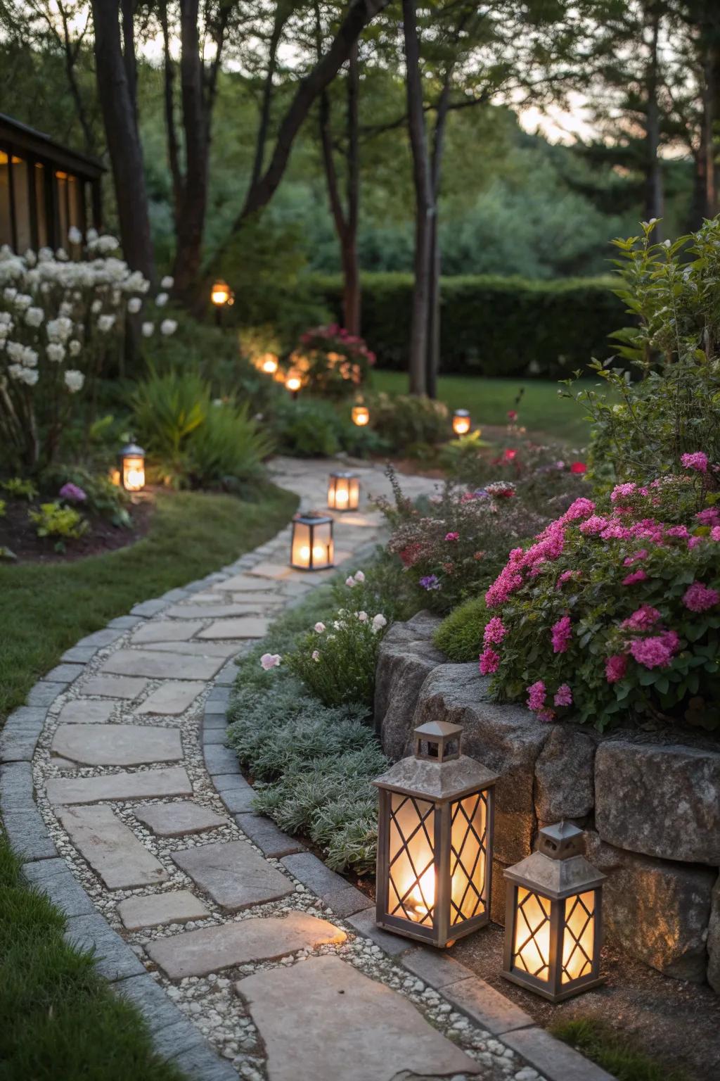 Decorative lanterns in a garden that create a warm and inviting atmosphere.