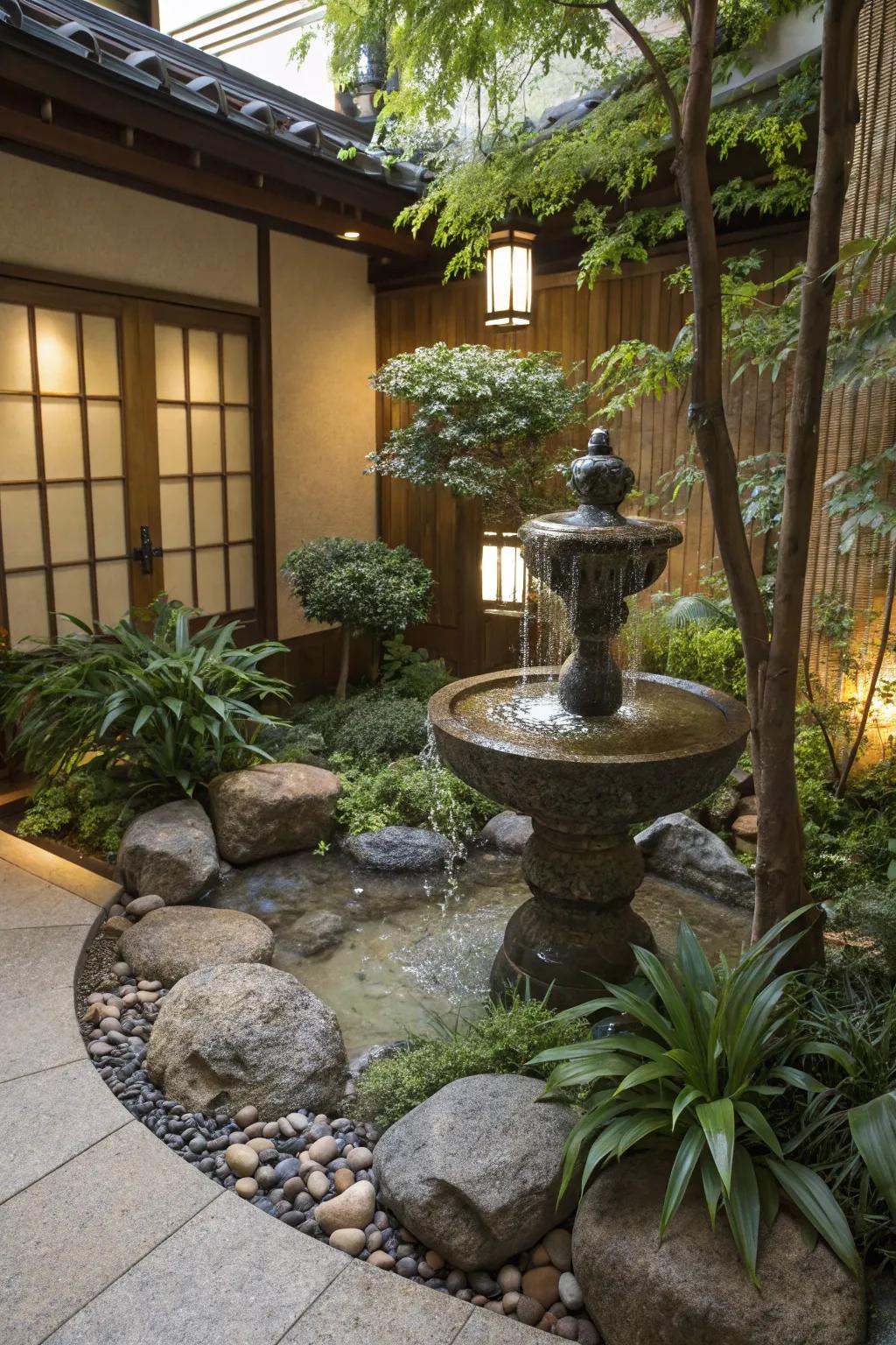 A soothing water feature in a garden that enhances relaxation.