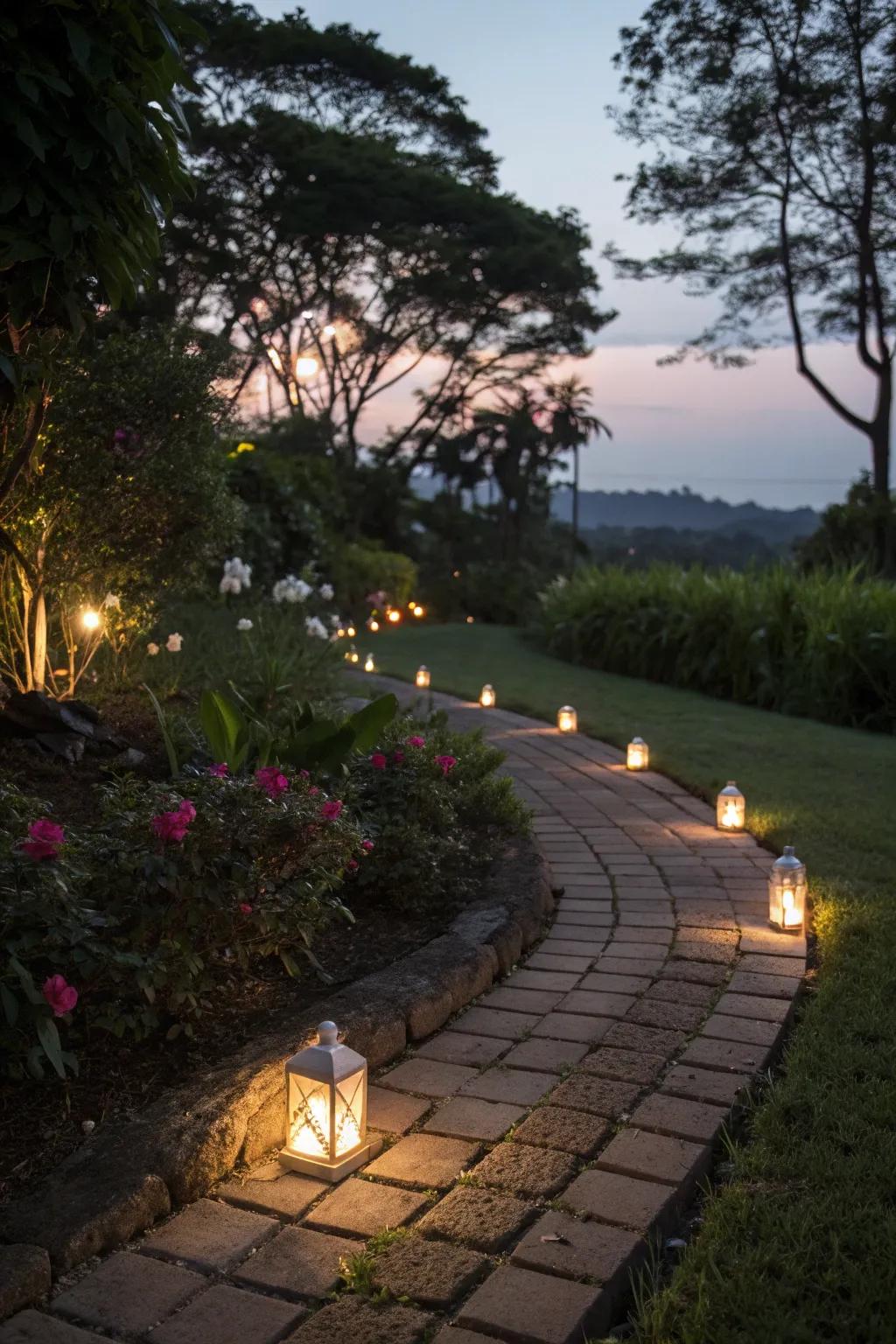 Illuminated paths in the garden that provide guidance and ambiance.