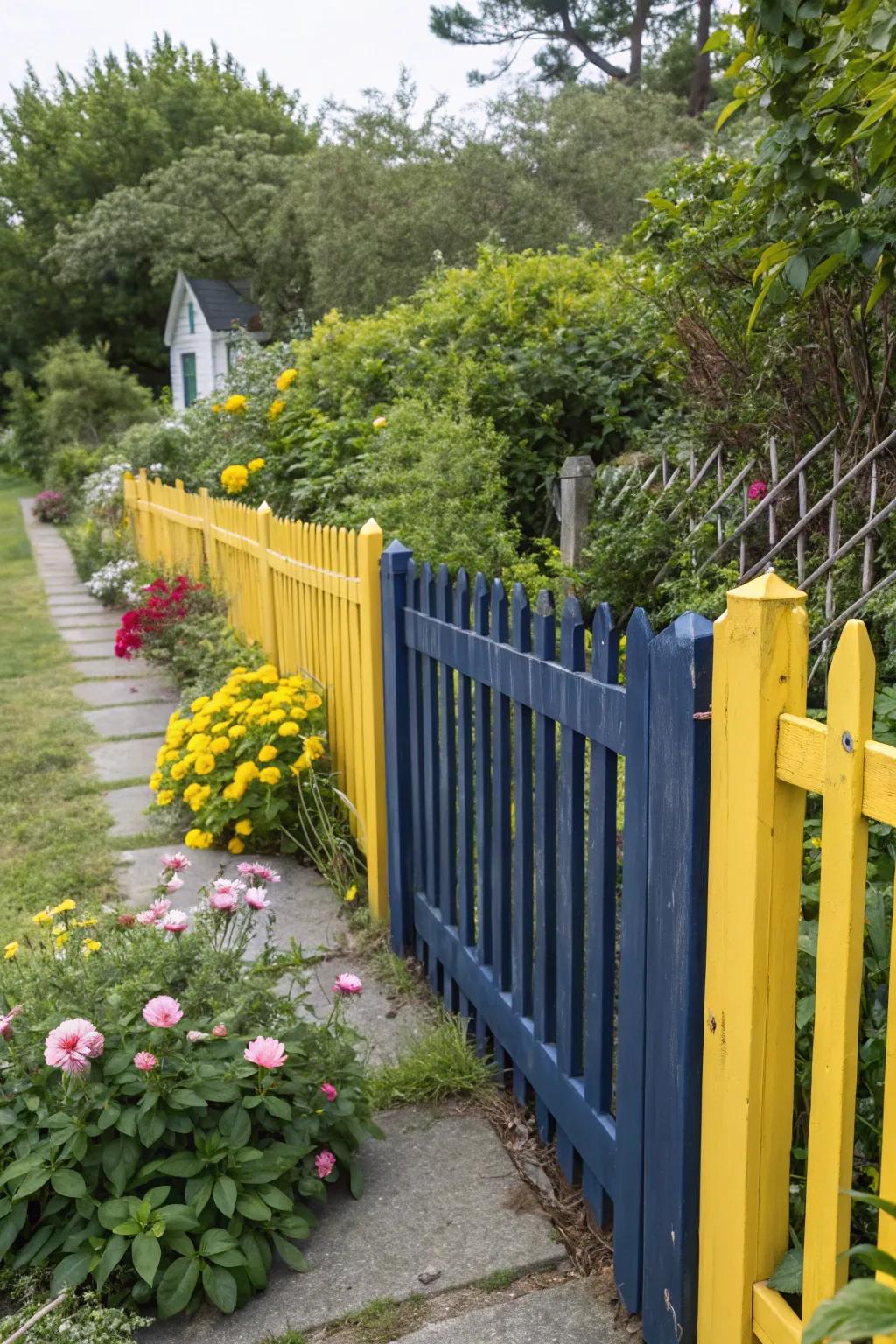 Two-tone painted panels add a playful touch to garden fences.