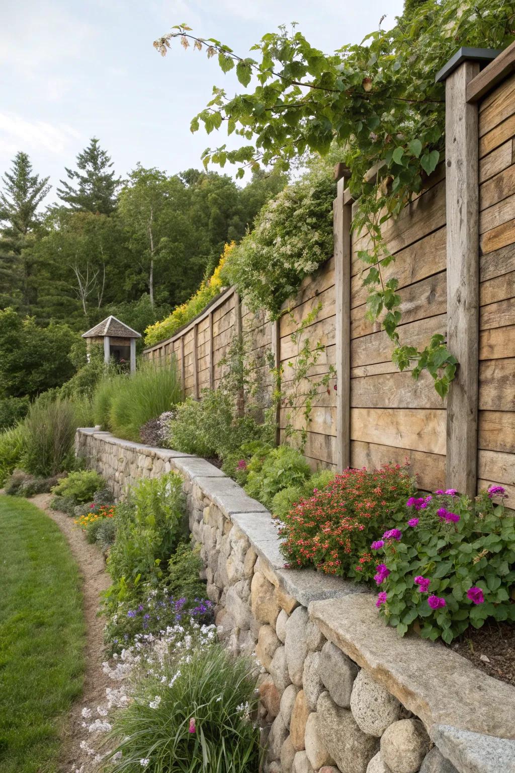 Mixed materials add a rustic charm to garden walls.