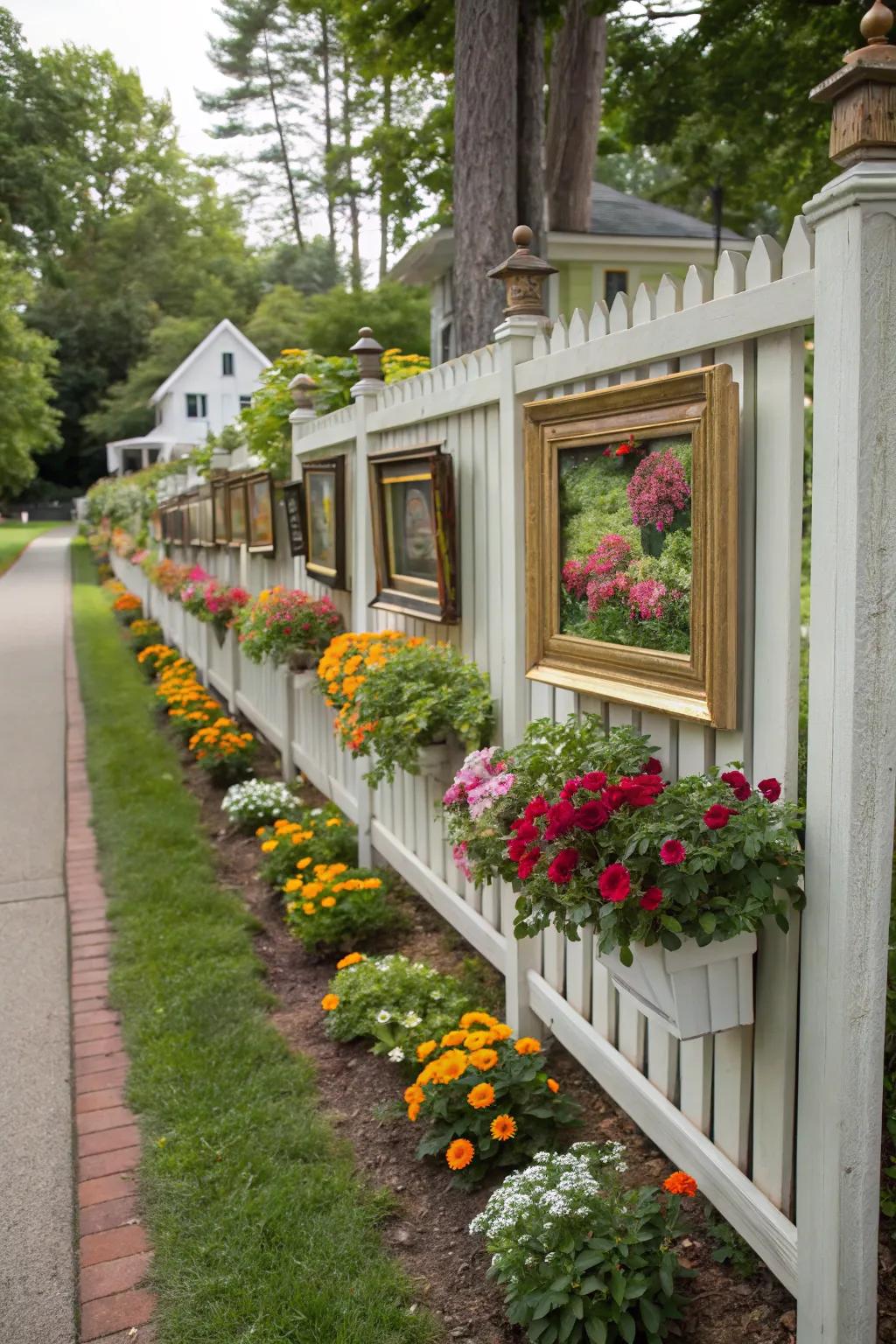 Picture frame planters make garden fences into living art displays.