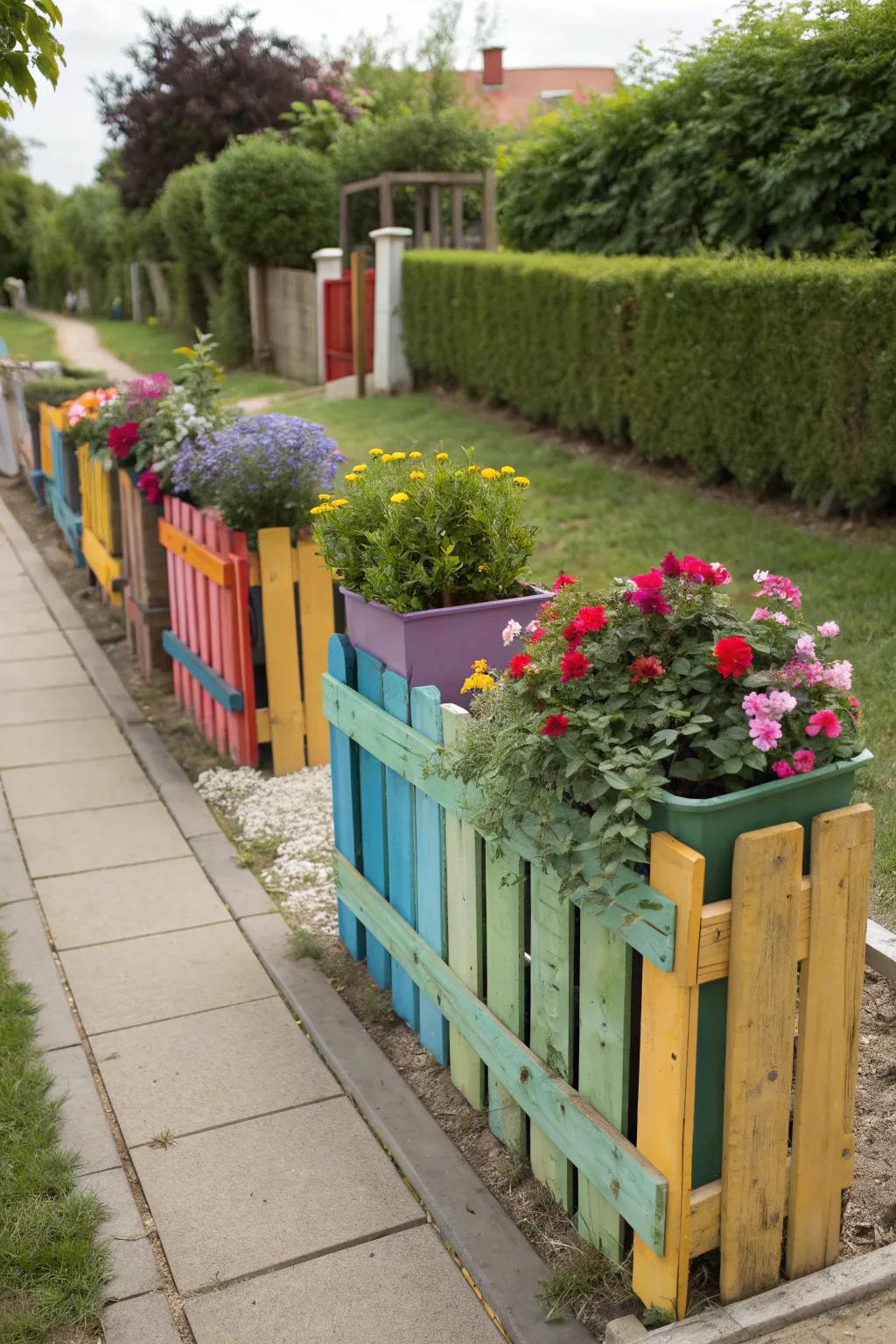 Pallet planter fences add color and eco-friendly flair to gardens.
