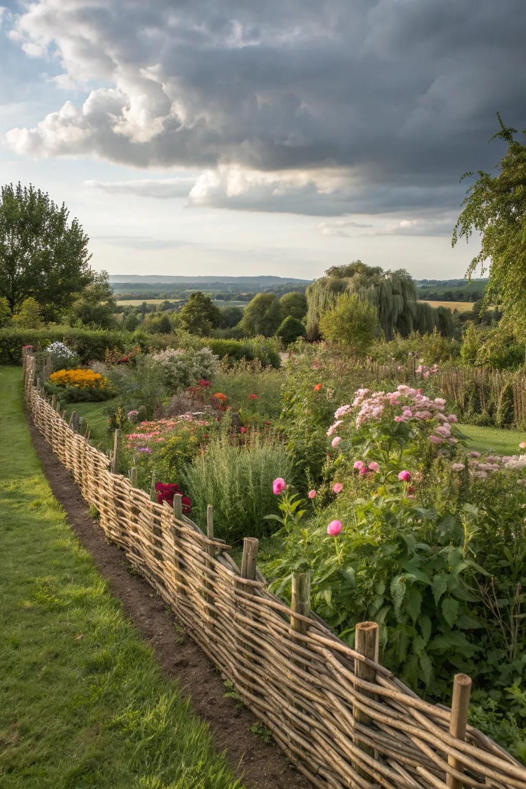 Willow fencing adds rustic charm and flexibility to garden designs.