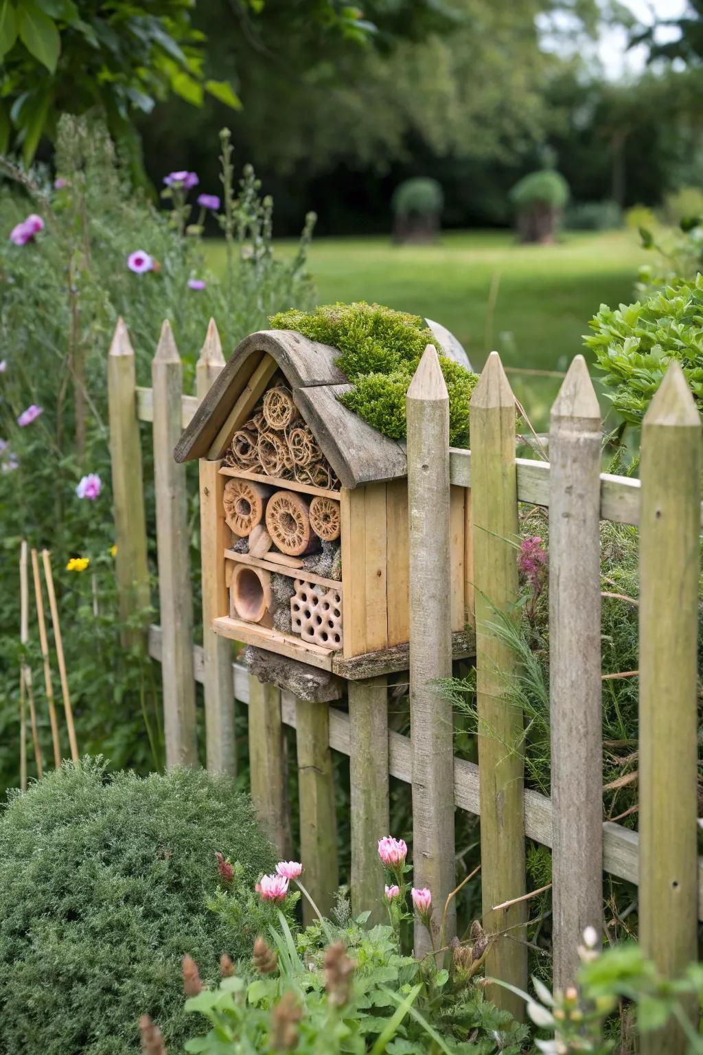 Bug hotel fences attract beneficial insects and add garden whimsy.