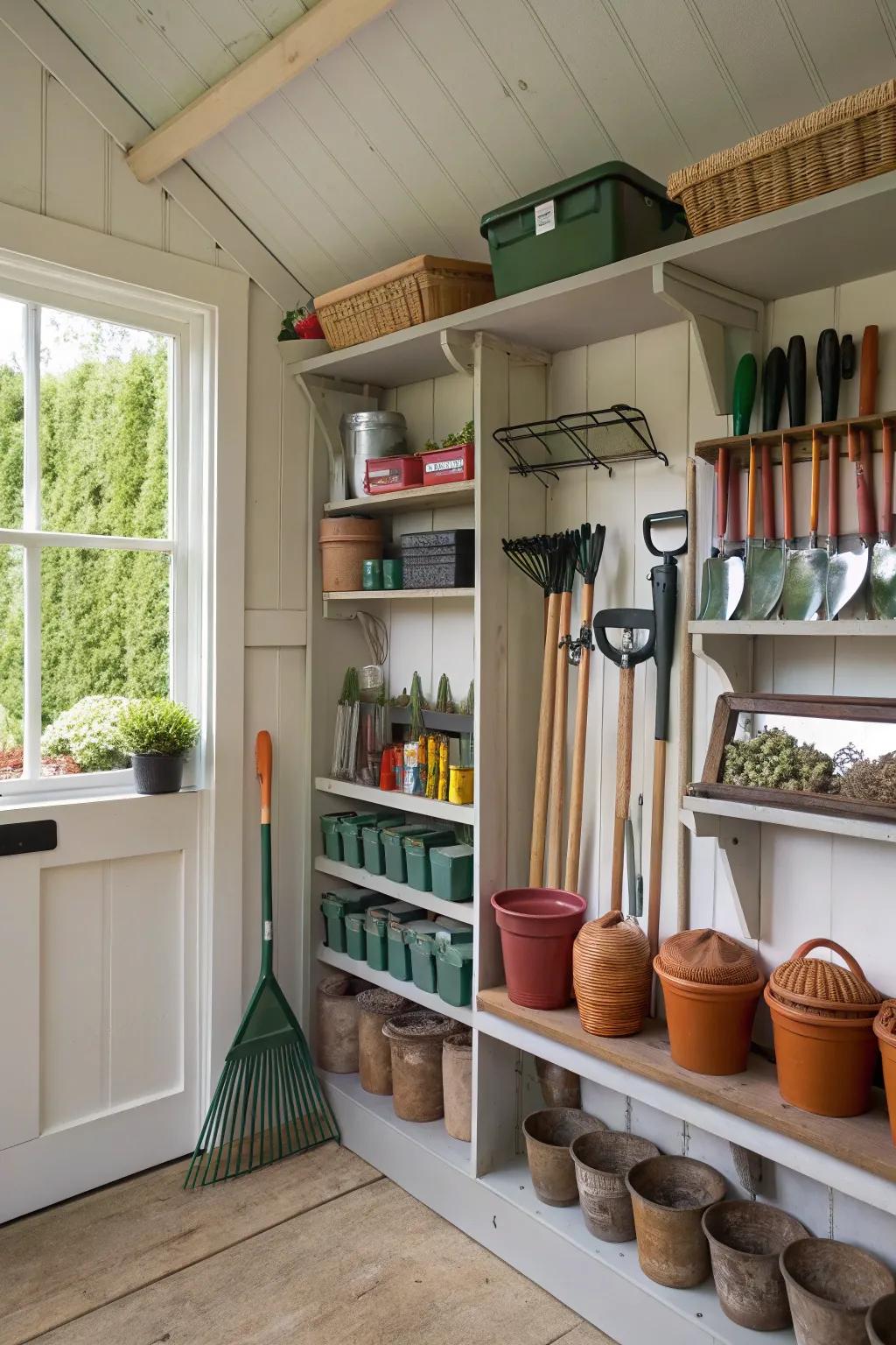 Shelves maximize storage in garden sheds.