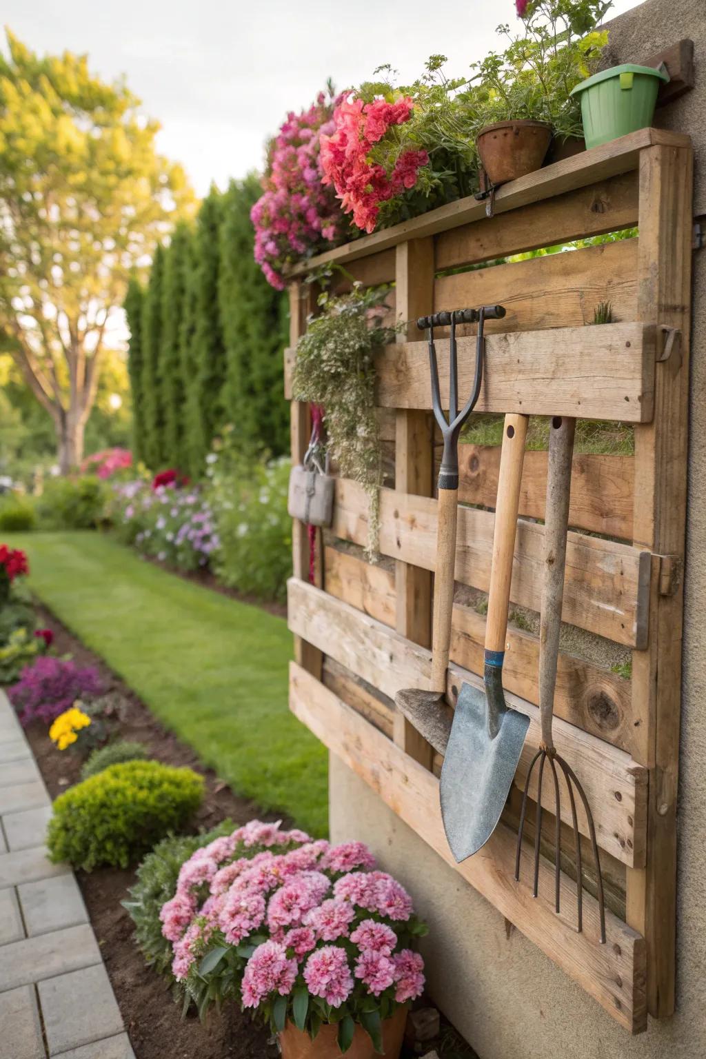 Rustic and functional storage using repurposed pallets.