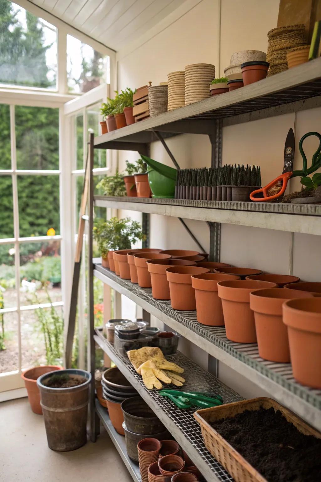 Multi-level shelving maximizing storage space vertically.