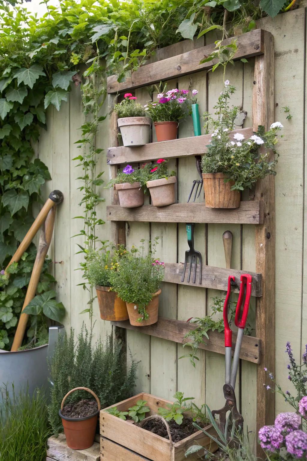 Green storage solutions using repurposed wood racks.
