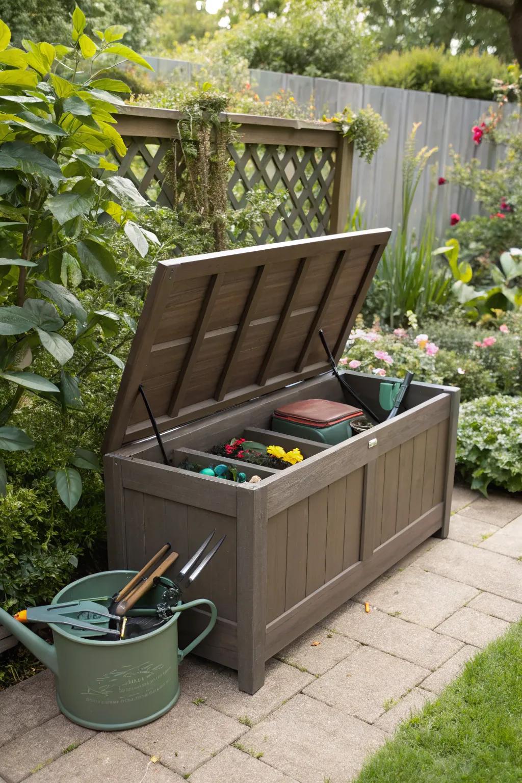 Outdoor benches that double up as tool storage.