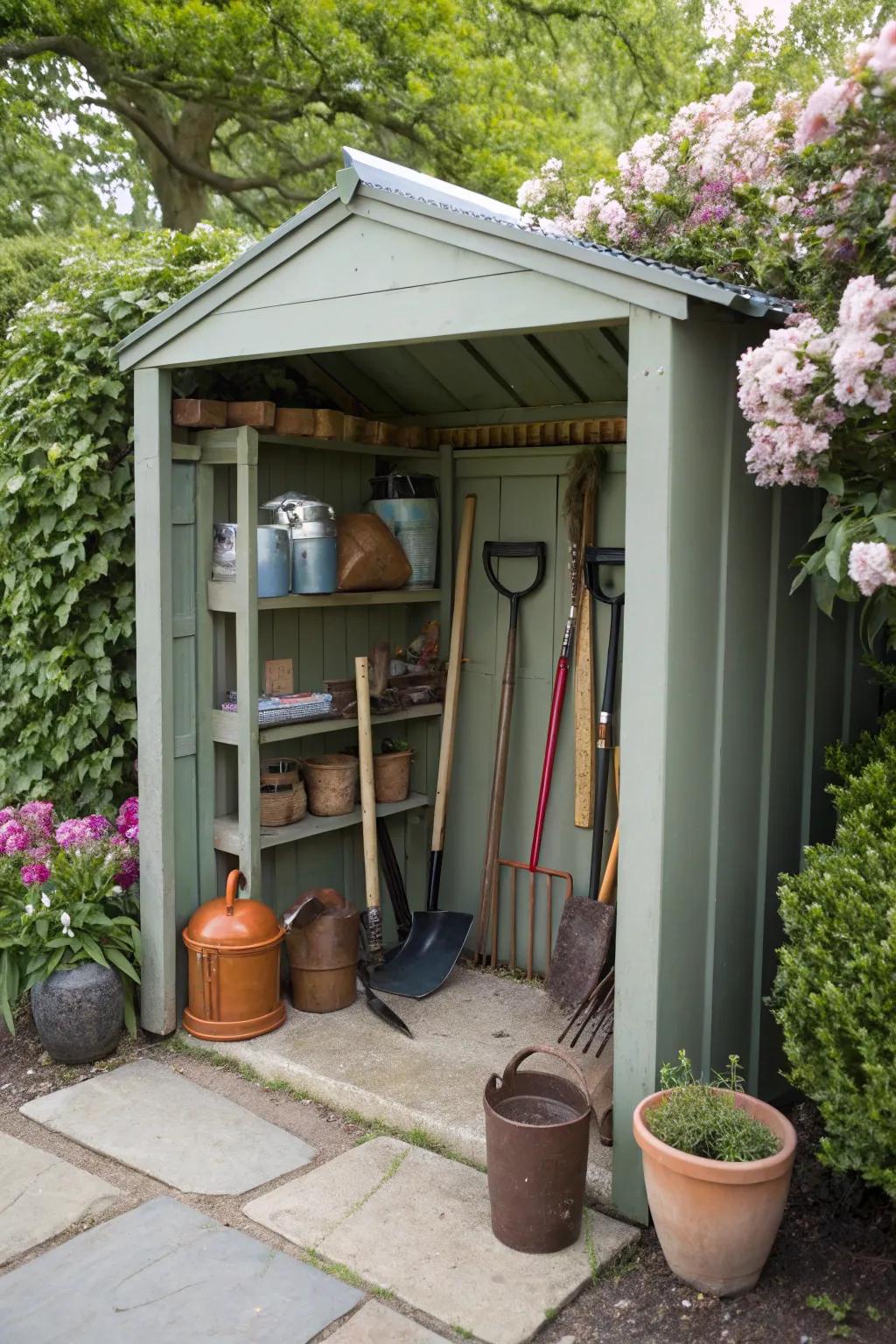 Roofed storage areas shield tools from rain and sun.