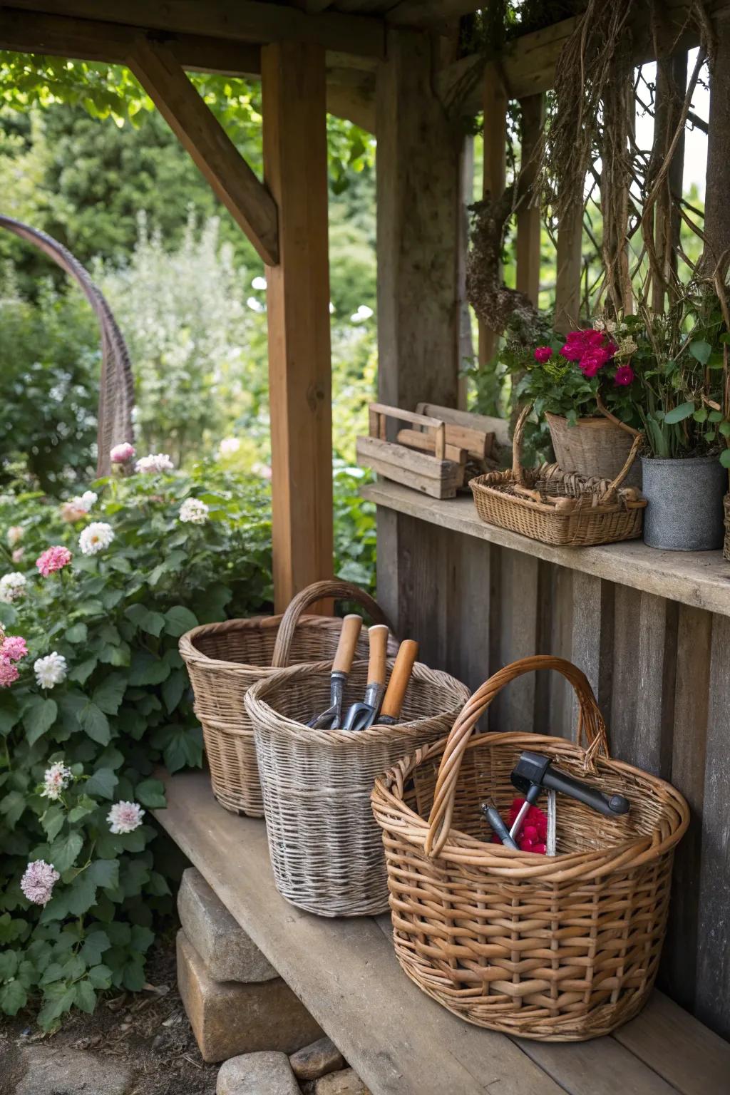Charming baskets add both style and organization for small tools.