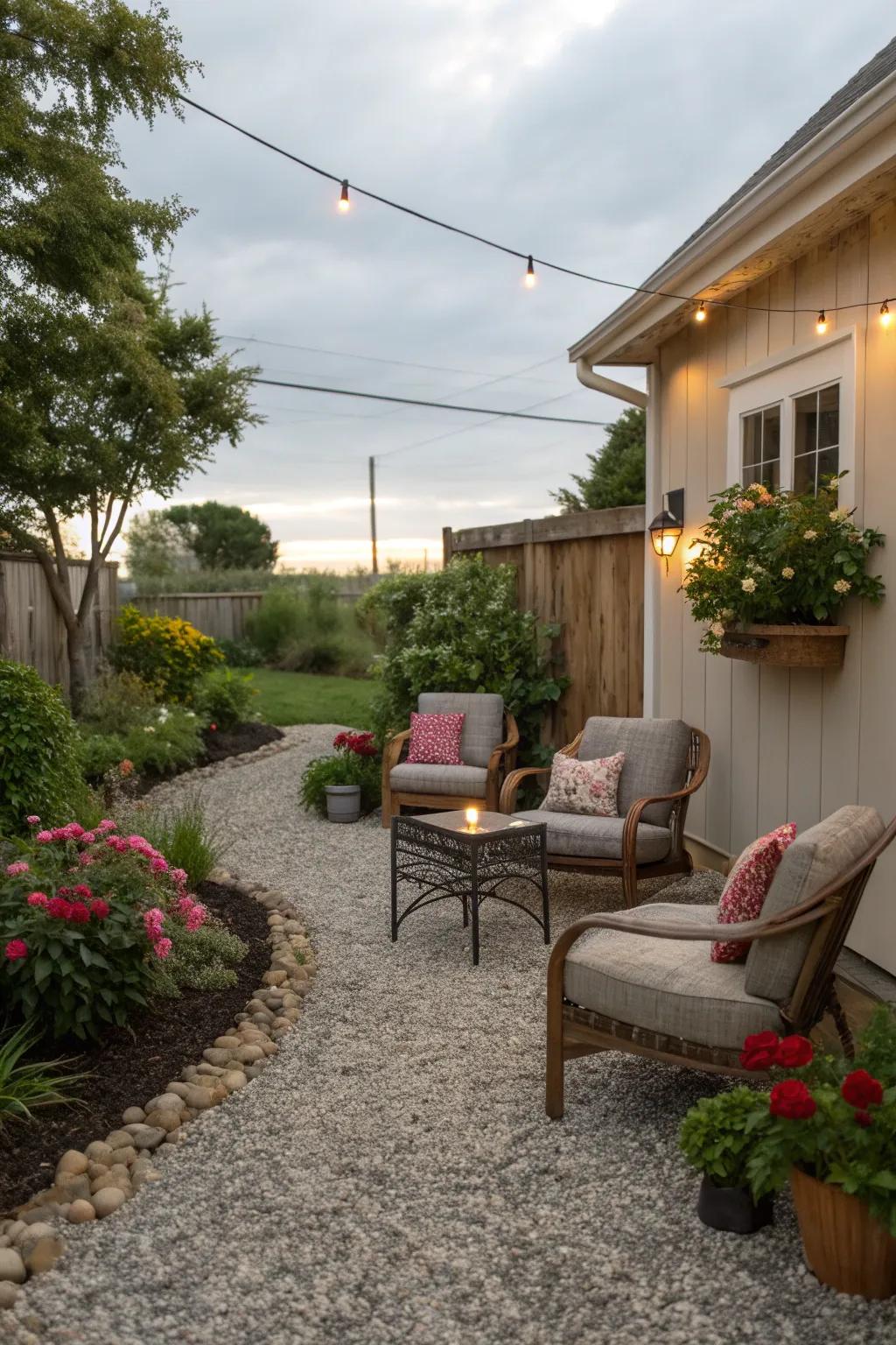 A casual gravel seating area perfect for relaxation.