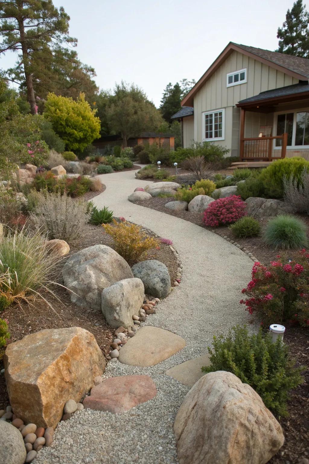 A natural rock garden blending gravel and boulders.