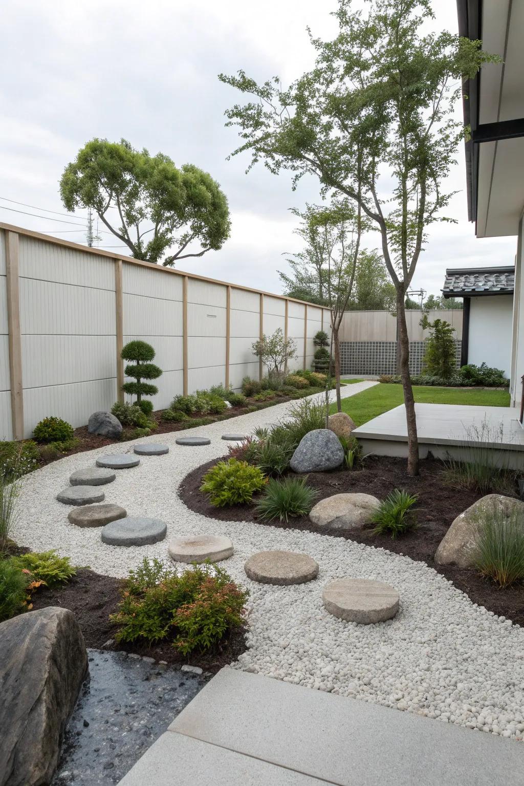 A tranquil zen garden with gravel and stepping stones.