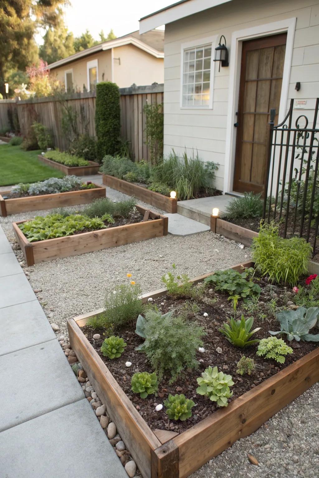 Elevated beds adding height and texture to the landscape.