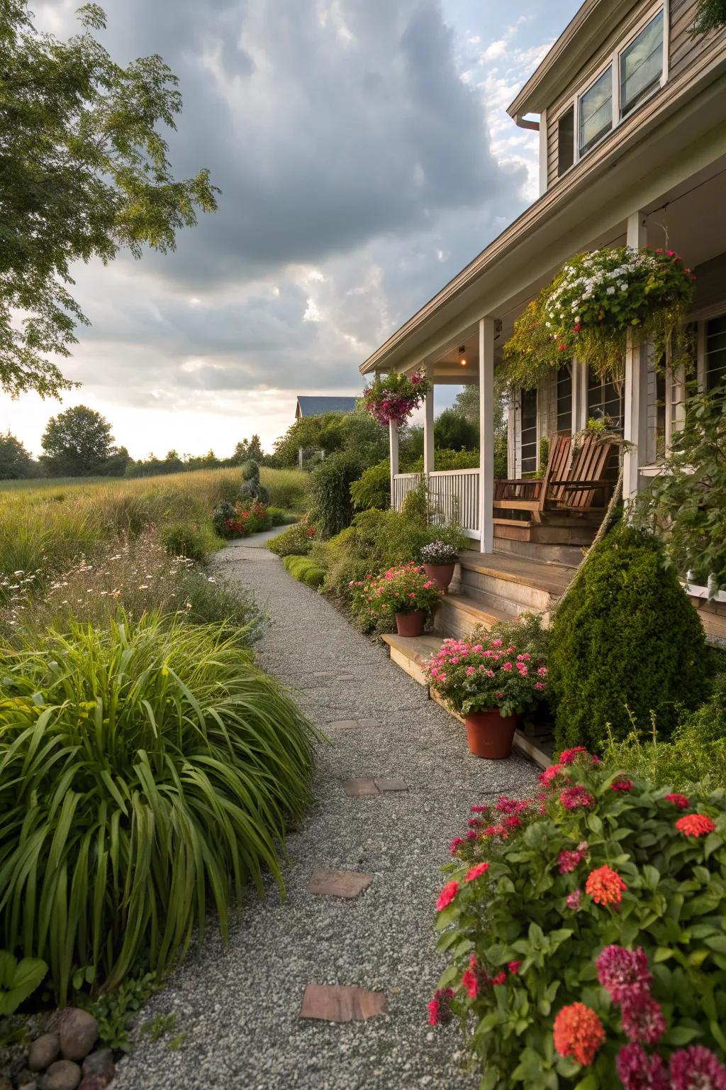 A charming gravel walkway flanked by vibrant greenery.