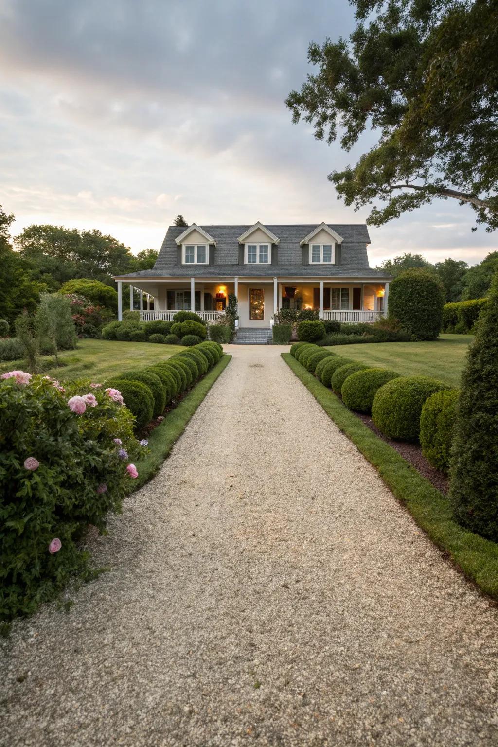 An elegant gravel driveway complementing the home.