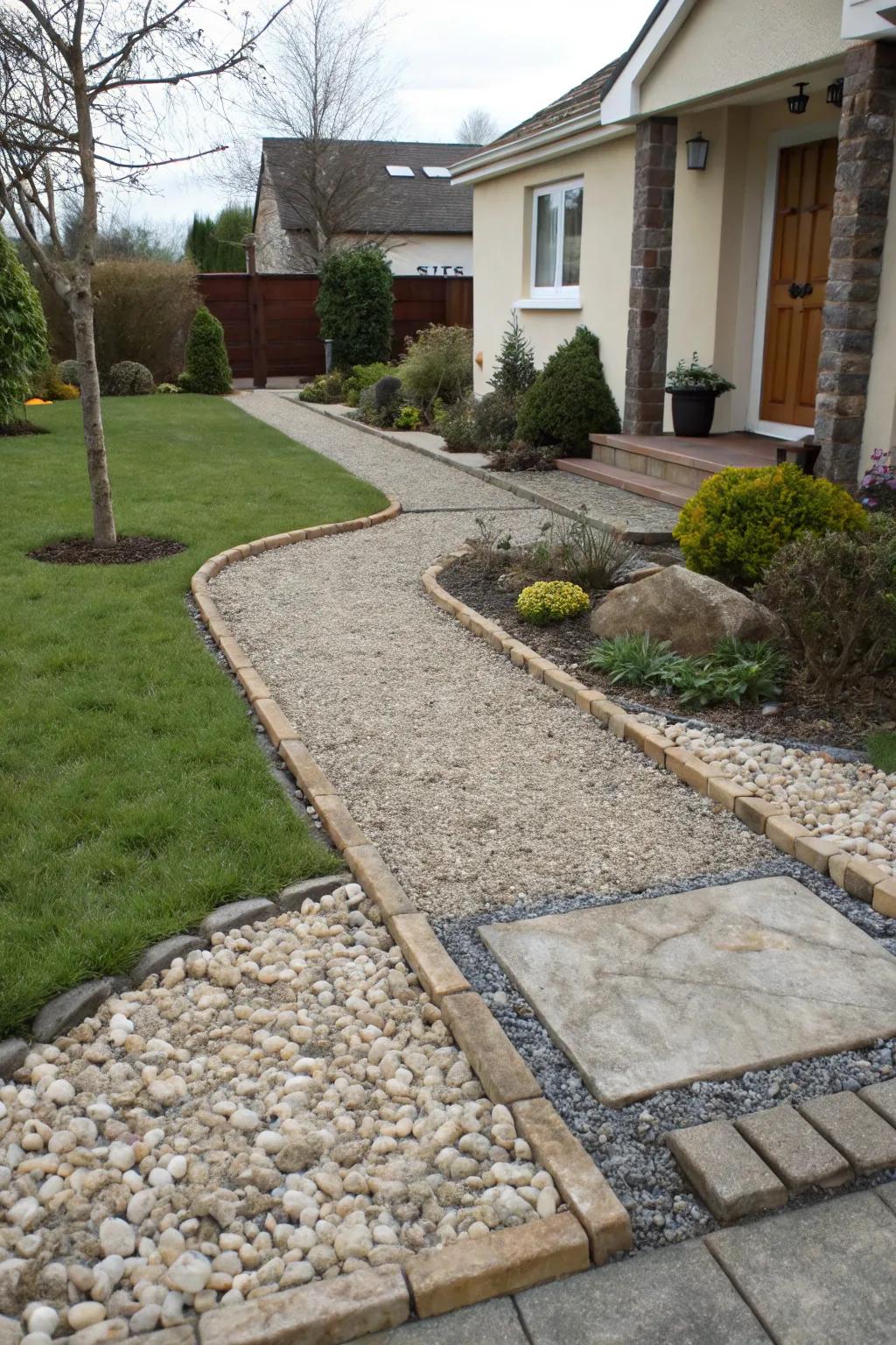 Distinct garden areas with decorative stone edging.