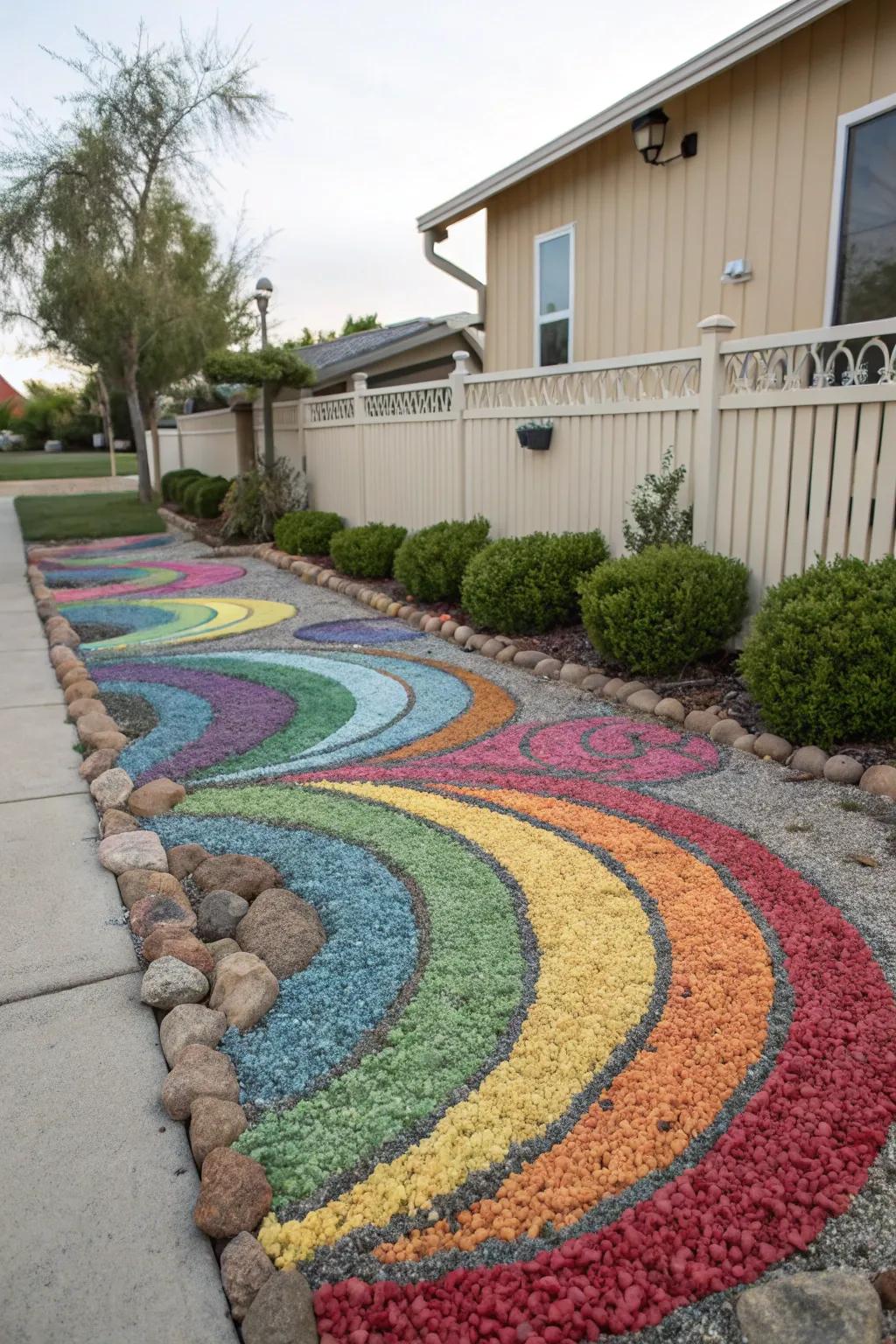 Vivid color contrasts with multi-colored gravel.