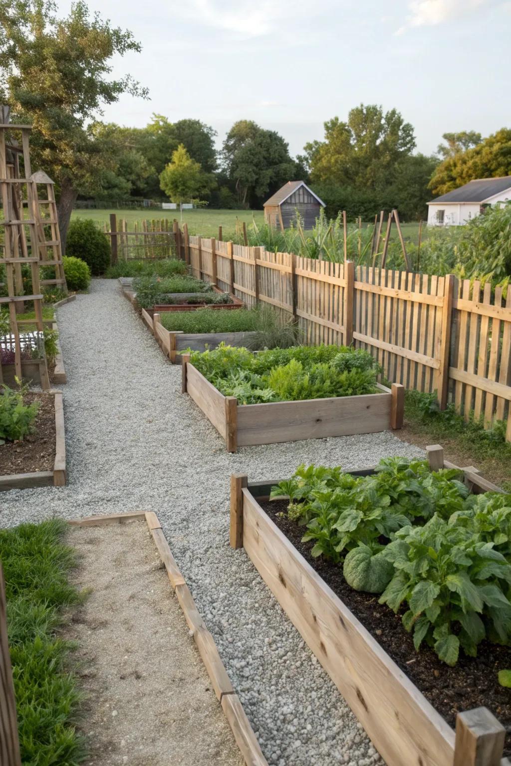 A harmonious blend of gravel and timber elements.