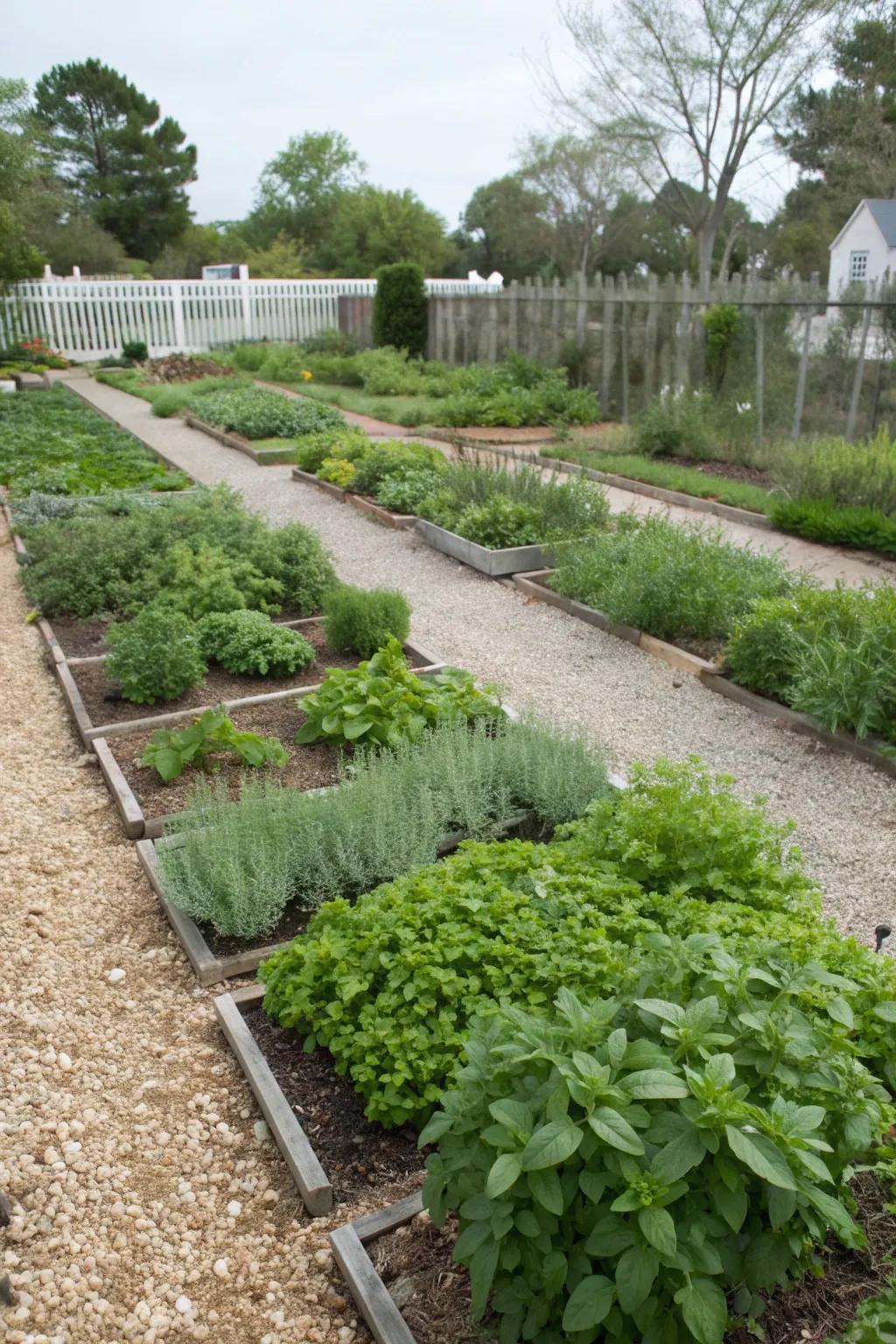 A functional and fragrant herb garden with gravel paths.