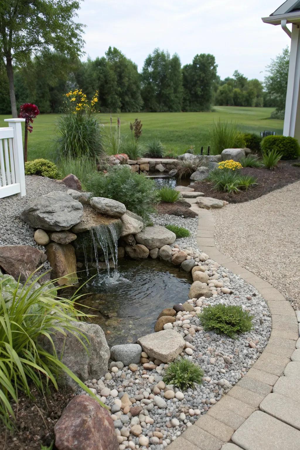 A calming water feature nestled in gravel.