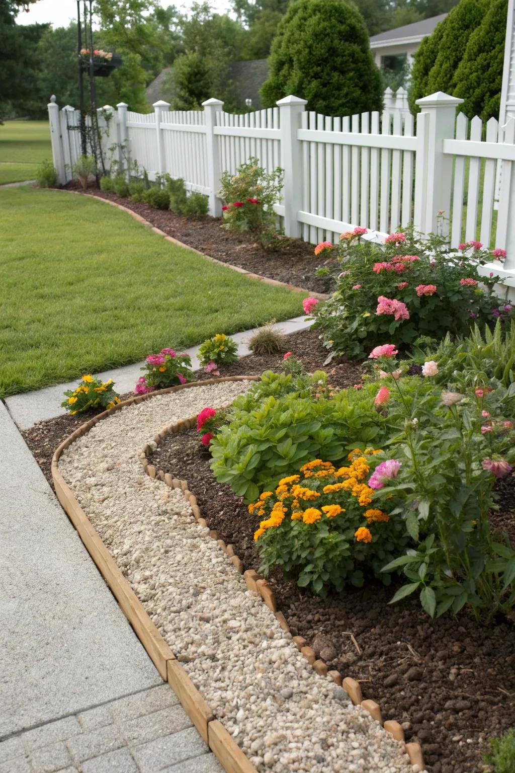Gravel mulch keeping flower beds vibrant and tidy.