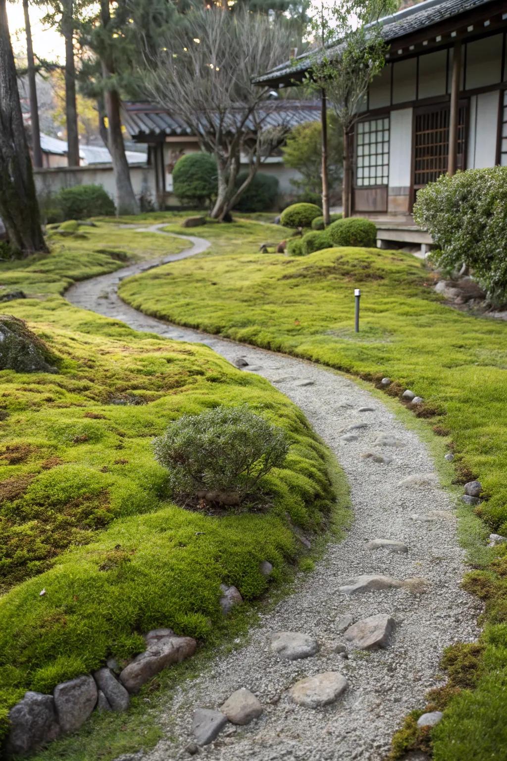 Gravel and moss in a harmonious Japanese-style garden.