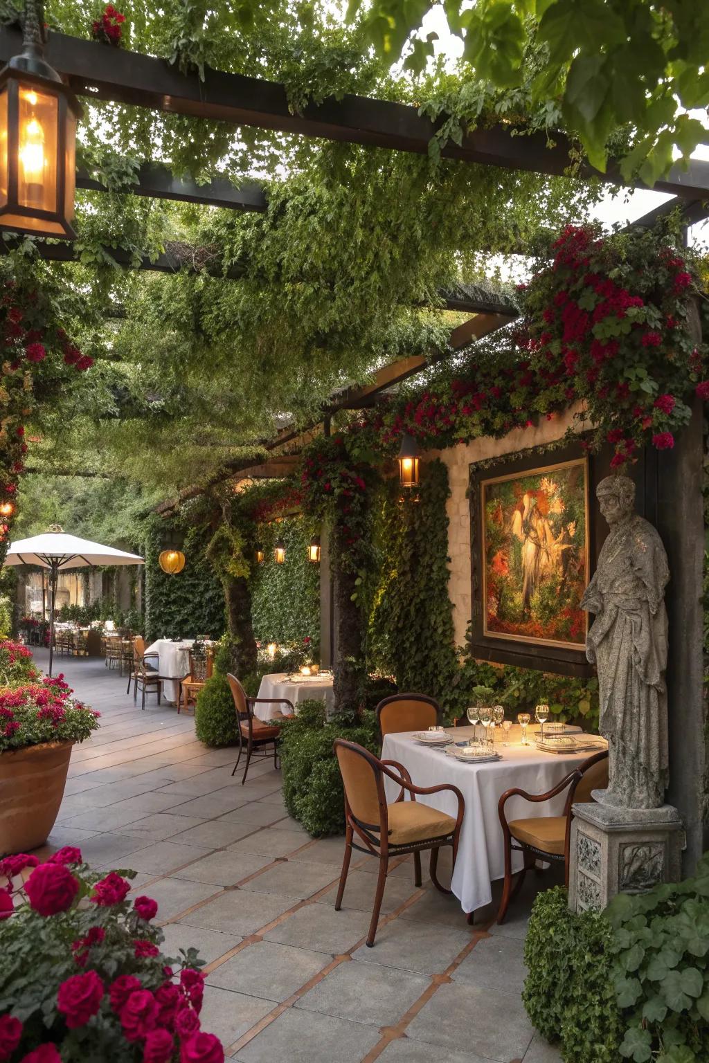 Art installations under a pergola add cultural flair.