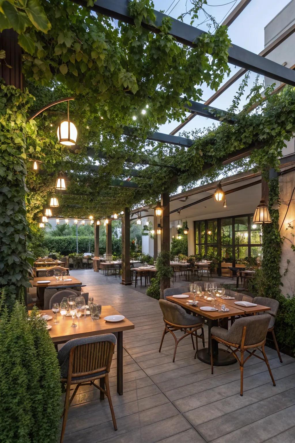 Multifunctional pergolas enhance dining versatility.