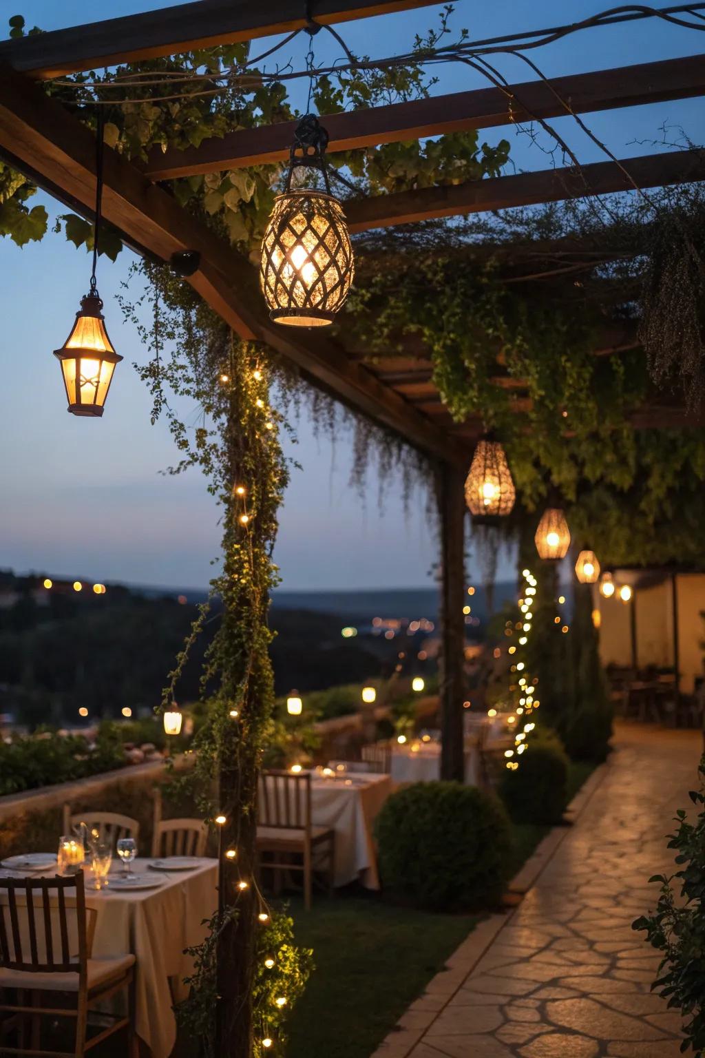 Ambient lighting transforms a pergola into a romantic setting.