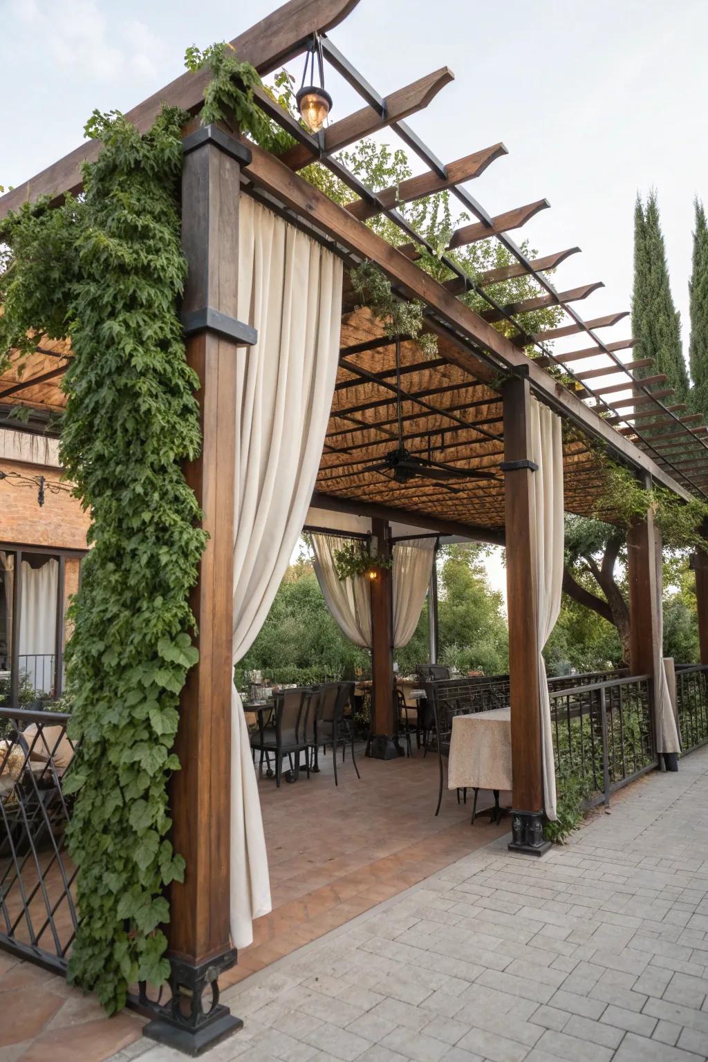Diverse materials create a visually interesting pergola.