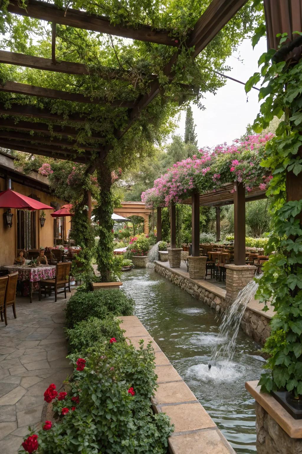 A pergola oasis offers a tranquil dining experience.