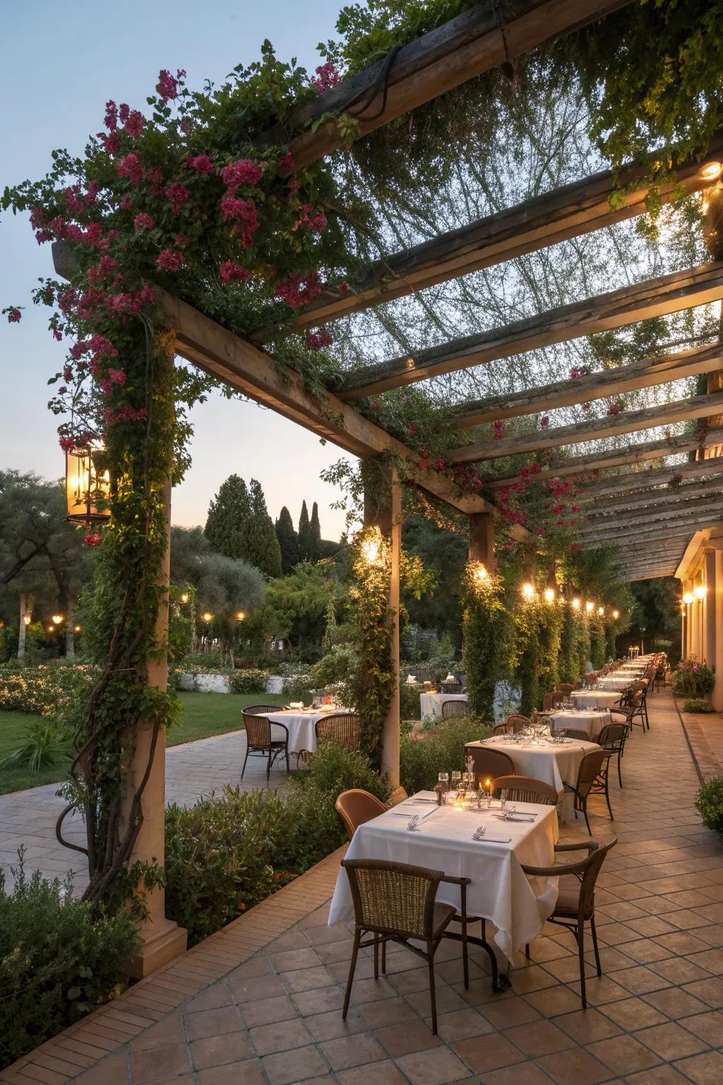 Multi-level pergolas create dynamic dining zones.