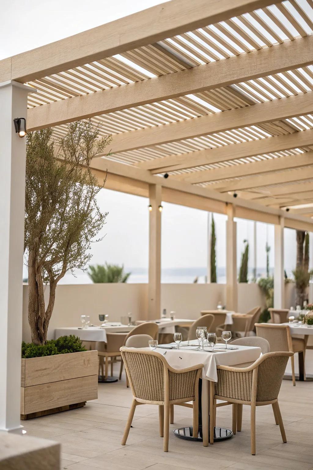 Minimalist elegance with clean lines under a pergola.